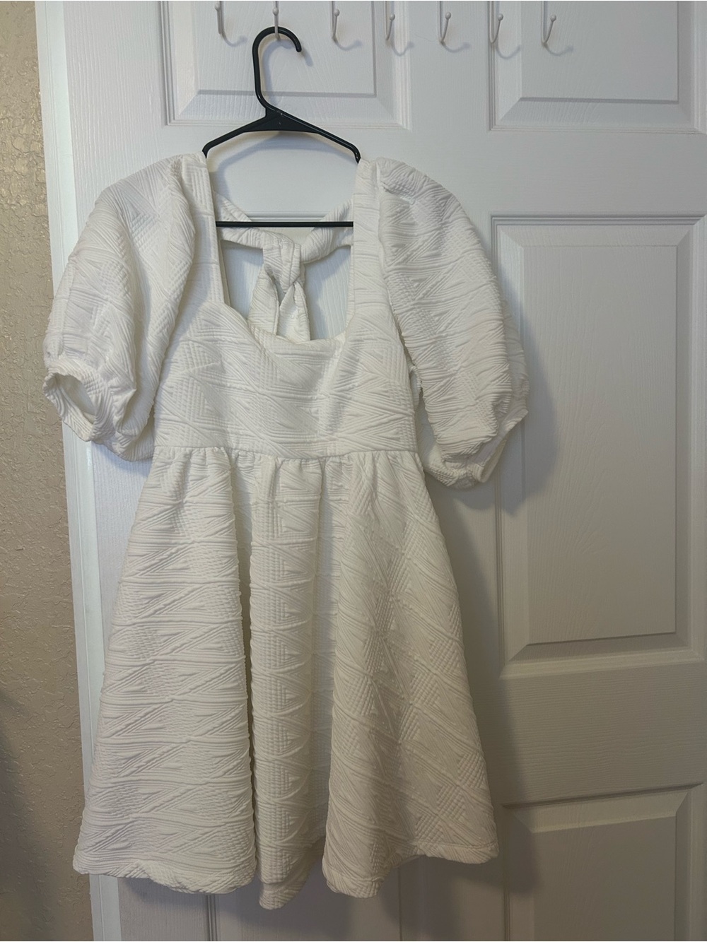 Free People White Textured Puff-Sleeve Square-Neck Mini Dress with Back Tie